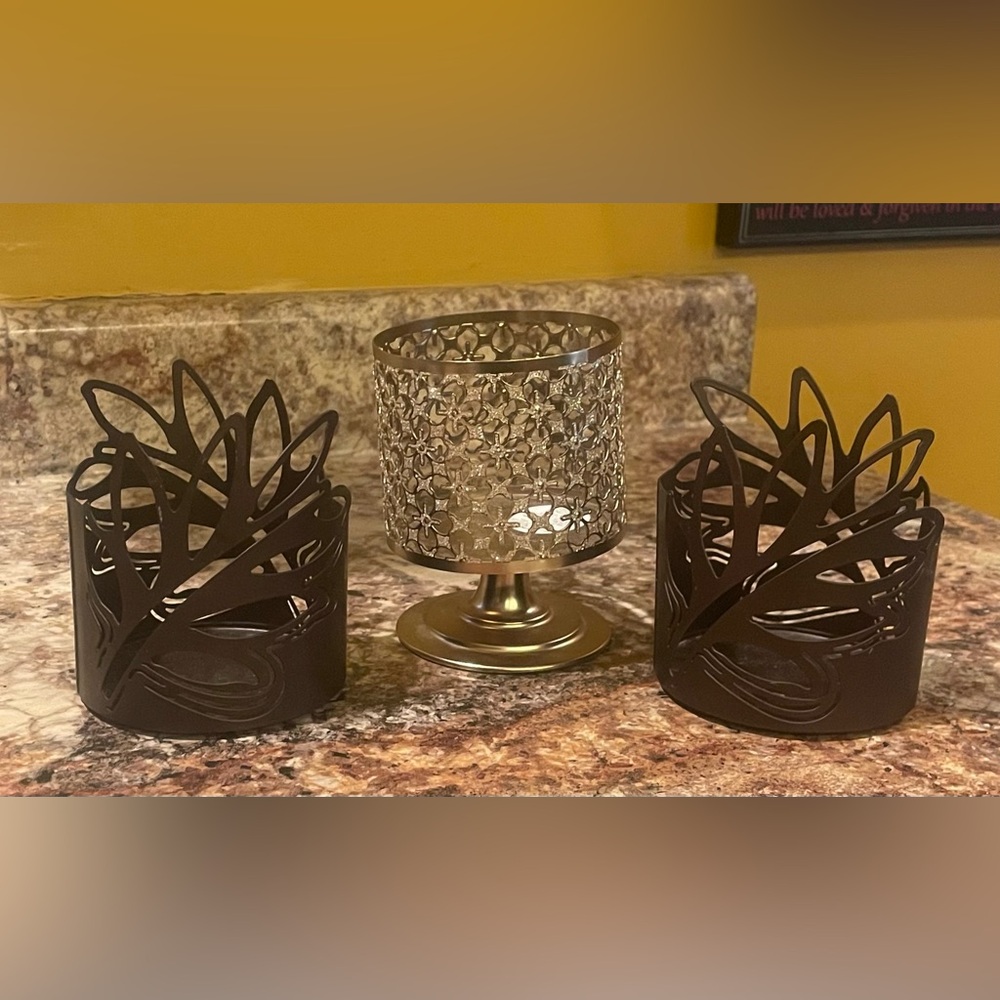 3 Artistic Brown and Gold Candle Holder Set